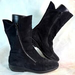 Mania Italian Black Suede Leather Luxury Zip Up Diamond Rhinestone Detail Boots